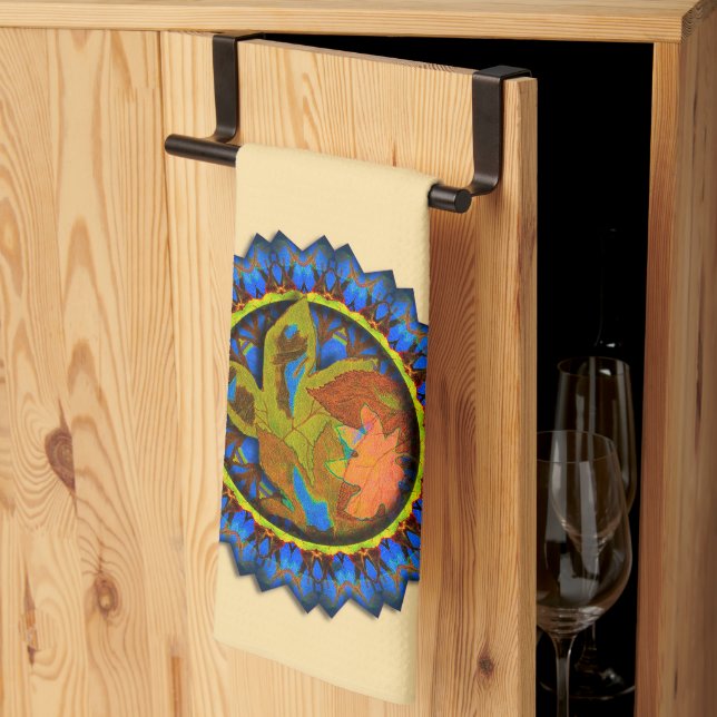 Linge De Cuisine Points Bleus Cerclés Feuilles Automne (Pliage en tiers)