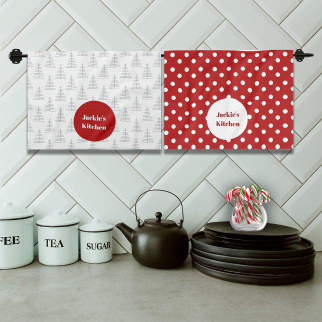 Linge De Cuisine Points et arbres de Noël Nom personnalisé (Créateur téléchargé)