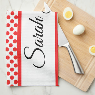Linge De Cuisine Points rouges chic Écriture élégante Nom personnal