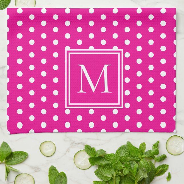Linge De Cuisine Pois blancs preppy sur Monogramme rose vif (Plié)