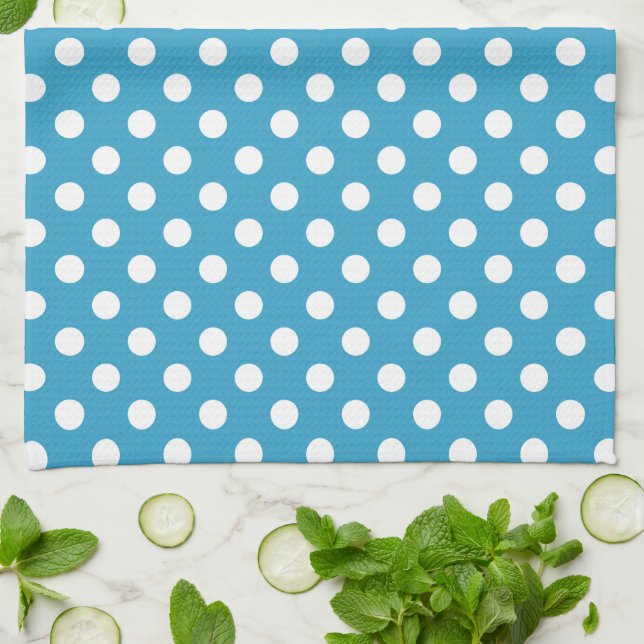 Linge De Cuisine Pois blancs sur Arrière - plan bleu Peacock (Plié)