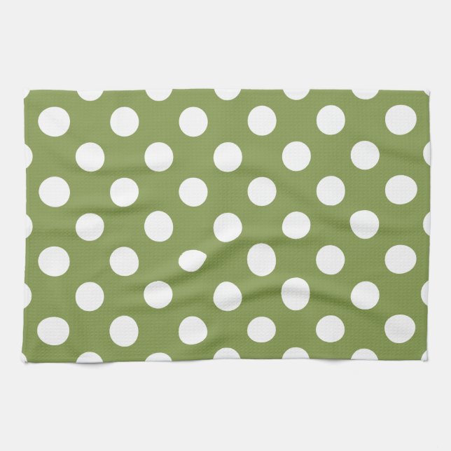 Linge De Cuisine Pois blancs sur vert olive (Horizontal)