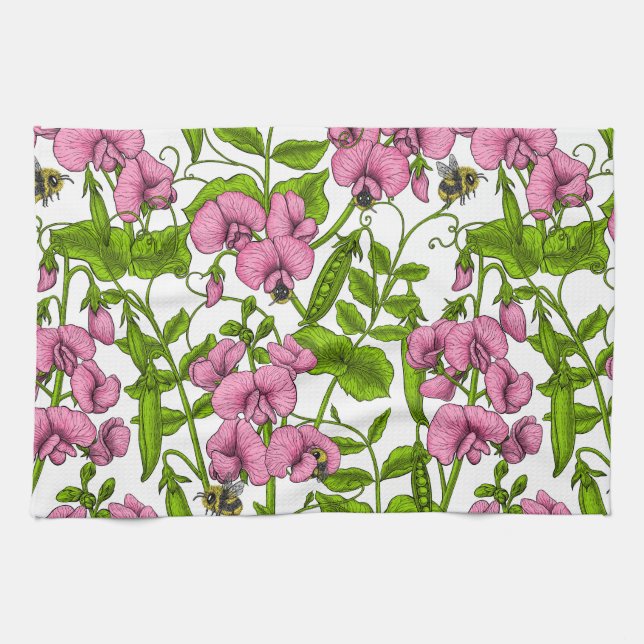 Linge De Cuisine Pois doux et bourdons, rose, vert et blanc (Horizontal)