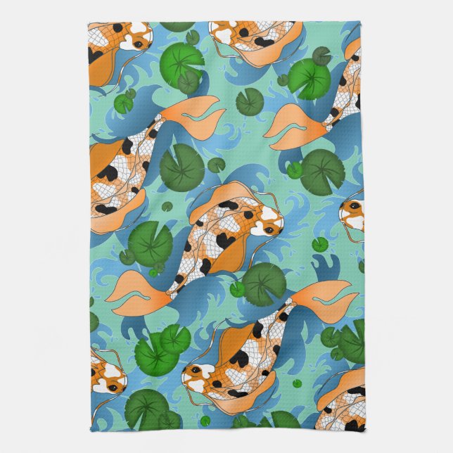 Linge De Cuisine Poisson Koi éclaboussant et Lys d'étang Personnali (Vertical)