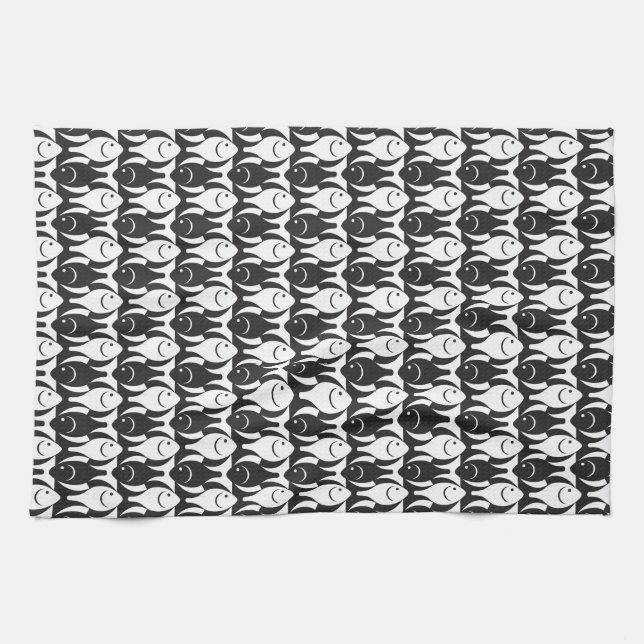 Linge De Cuisine Poisson moderne du milieu du siècle, noir et blanc (Horizontal)