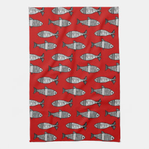 Linge De Cuisine Poisson moderne rétro, rouge profond et gris / gri
