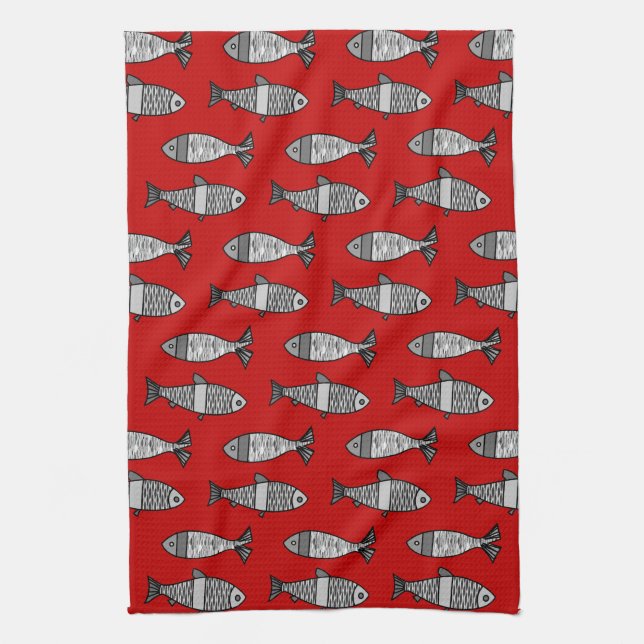 Linge De Cuisine Poisson moderne rétro, rouge profond et gris / gri (Vertical)