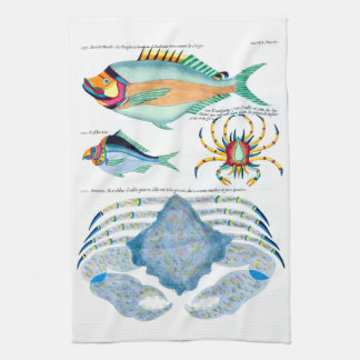 Linge De Cuisine Poissons et crabes sur papier ancien
