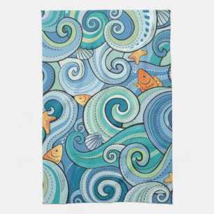 Linge De Cuisine Poissons parmi le motif de vagues