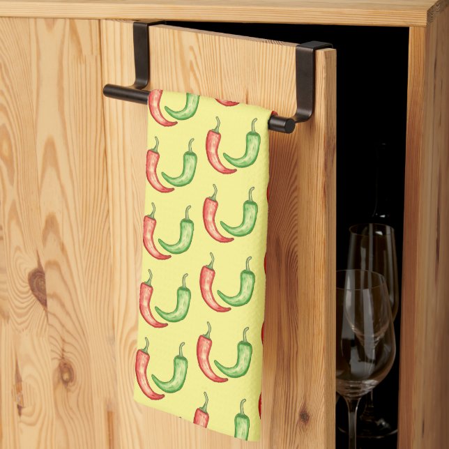 Linge De Cuisine Poivrons Aquarelles Rouge Et Vert (Pliage en tiers)