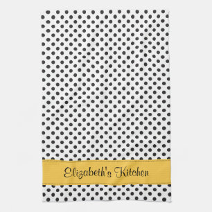 Linge De Cuisine Polka blanc noir personnalisé point jaune