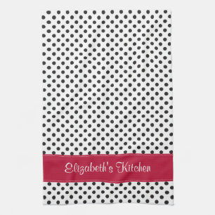 Linge De Cuisine Polka blanc noir personnalisé rouge point