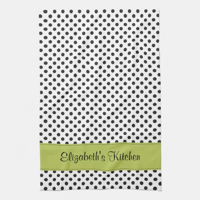 Linge De Cuisine Polka blanc noir personnalisé vert point (Vertical)