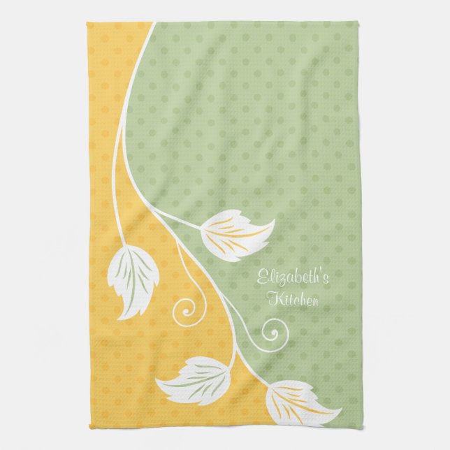 Linge De Cuisine Polka vert Jaune Personnalisée Point Vin Floral (Vertical)