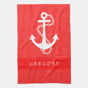 Linge De Cuisine Polkadot blanc et rouge avec Ancre nautique 2