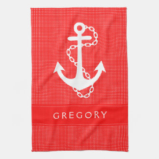 Linge De Cuisine Polkadot blanc et rouge avec Ancre nautique 2