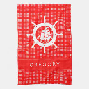 Linge De Cuisine Polkadot blanc et rouge avec roue nautique