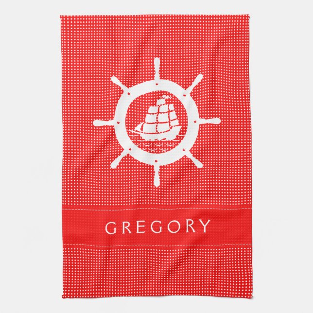 Linge De Cuisine Polkadot blanc et rouge avec roue nautique (Vertical)