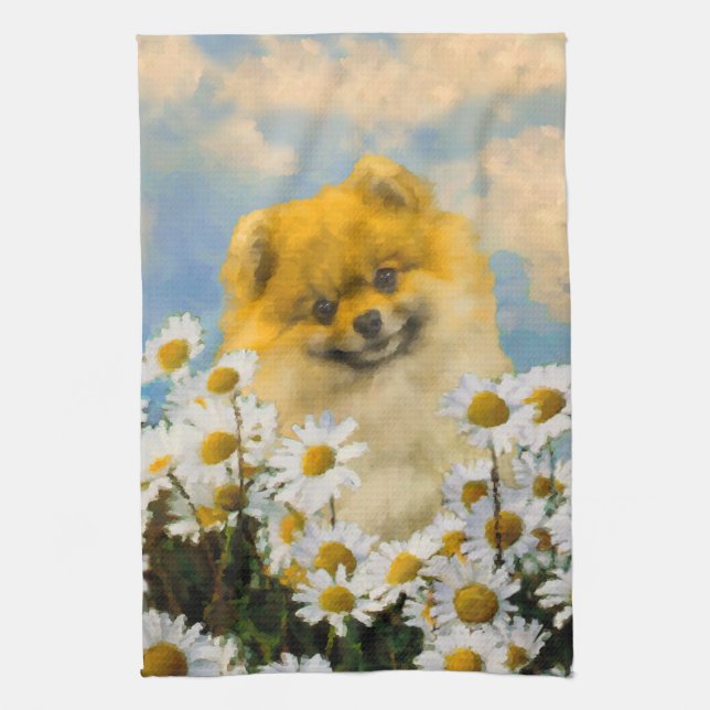 Linge De Cuisine Poméranien dans Daisies Peinture - Art Chien origi (Vertical)