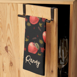 Linge De Cuisine Pommes rouges et feuilles sur noir