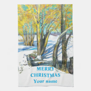 Linge De Cuisine Pont en hiver Peinture aquarelle