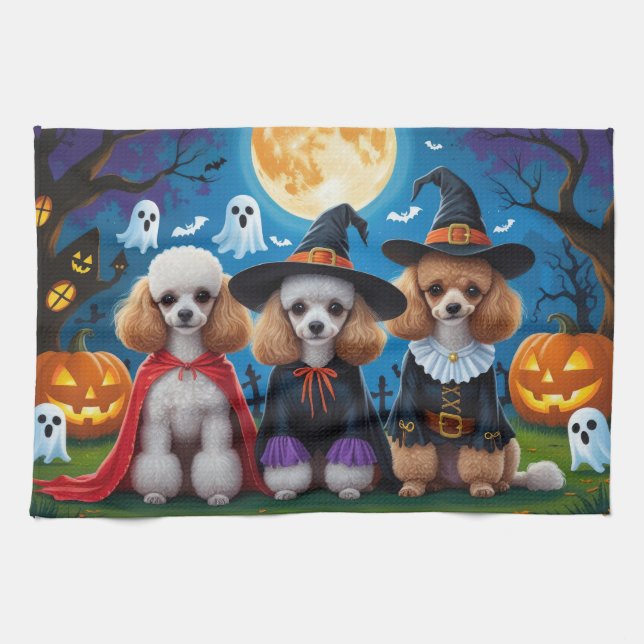 Linge De Cuisine Poodle Chiens Citrouille Halloween drôle (Horizontal)