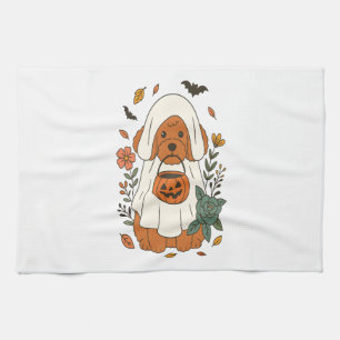 Linge De Cuisine Poodle d'Halloween avec fleurs d'automne
