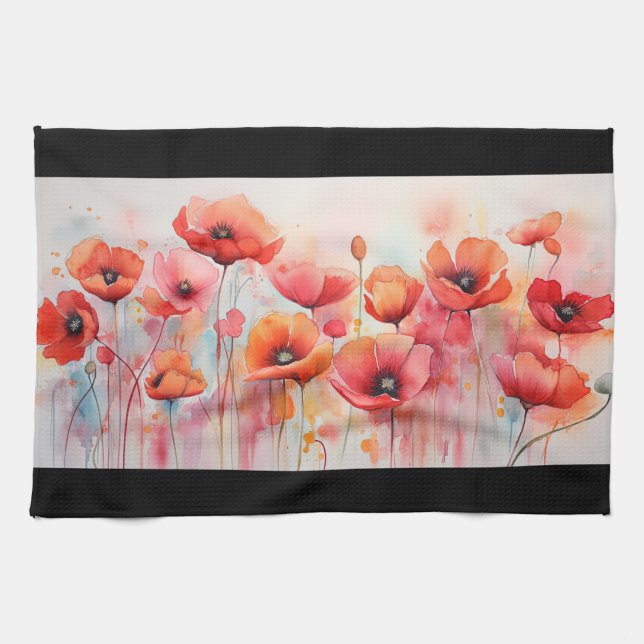 Linge De Cuisine Poppies rouges dans une aquarelle de champ (Horizontal)
