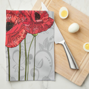 Linge De Cuisine Poppies rouges sur floral gris blanc