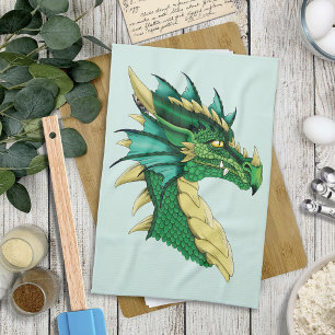 Linge De Cuisine Portrait de tête de dragon vert émeraude Fantastiq