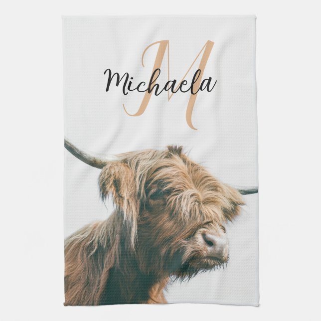 Linge De Cuisine Portrait de vache Highland nom personnalisé monogr (Vertical)