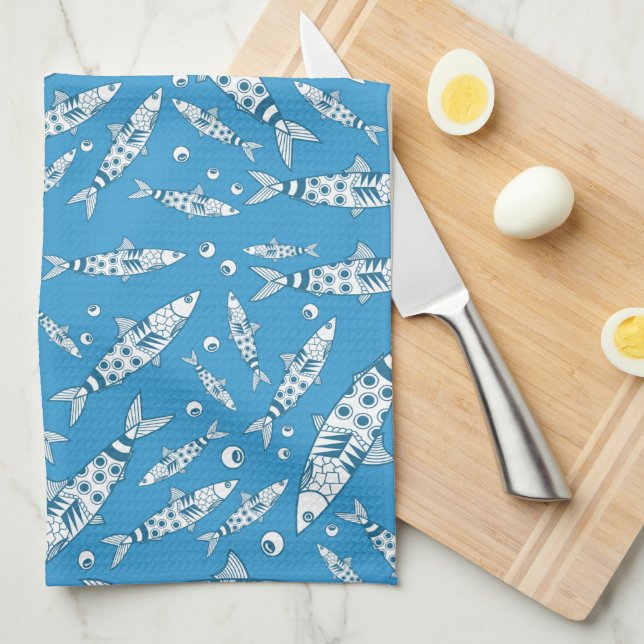 Linge De Cuisine Portugais Lisbonne Sardines Motif Azulejos Bleu (Quart Plié)