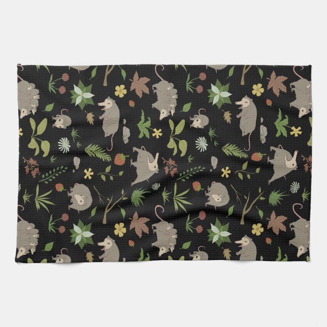 Linge De Cuisine Possum dans un champ de Berry en noir (Horizontal)