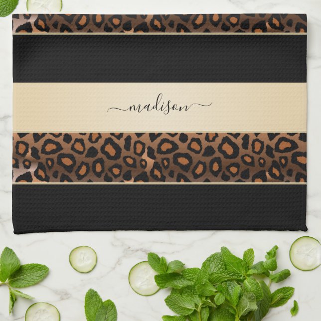 Linge De Cuisine Poster de animal de crème et de léopard noir (Plié)