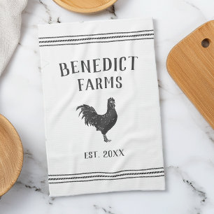 Linge De Cuisine Poulet rustique gris et blanc Nom de la ferme pers