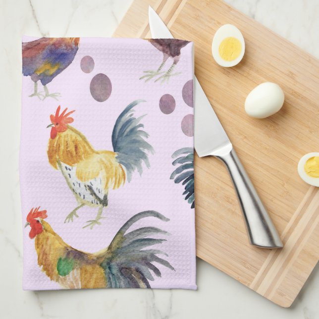 Linge De Cuisine Poulets et oeufs Barnyard Farm Pays Aquarelle (Quart Plié)