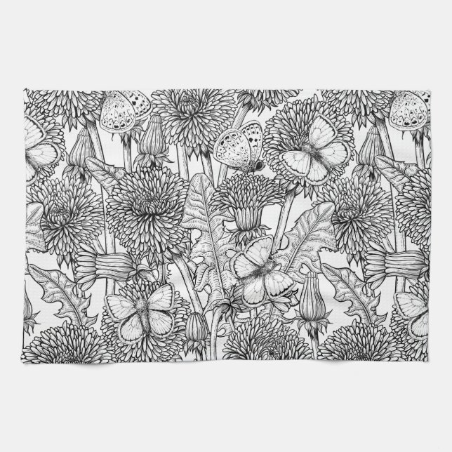 Linge De Cuisine Pré Dandelion en noir et blanc (Horizontal)