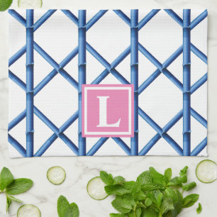 Linge De Cuisine Preppy Blue Trellis Bamboo Motif Monogramme