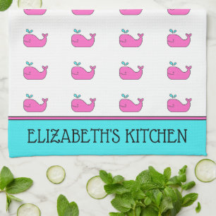 Linge De Cuisine Preppy Nautical Pink et Aqua Whale Personnalisé