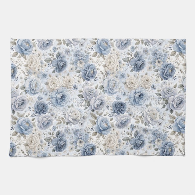 Linge De Cuisine Pretty Blue Rose Floral Watercolor  (Horizontal)