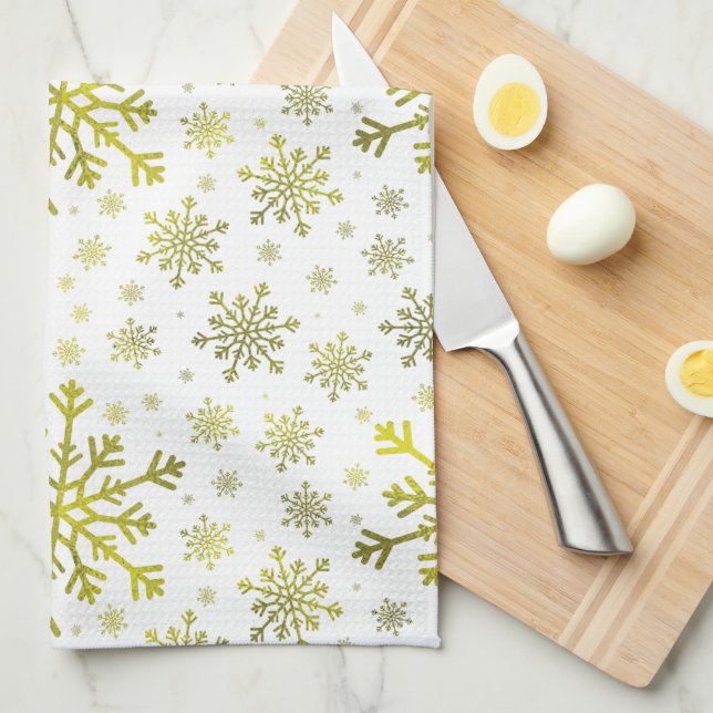 Linge De Cuisine Pretty Gold Noël Snowflakes sur Winter White (Quart Plié)