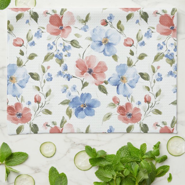 Linge De Cuisine Pretty Red Blue Flowers Birthday (Plié)