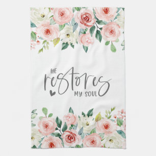 Linge De Cuisine Psaume 23:3 Il rétablit mon âme Bible Verse & Rose