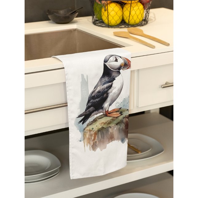 Linge De Cuisine Puffin sur une aquarelle rocheuse, personnalisé (Créateur téléchargé)