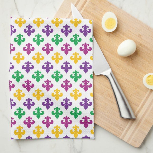 LINGE DE CUISINE PURPLE VERT JAUNE MARDI GRAS FLEUR DI LIS (Quart Plié)