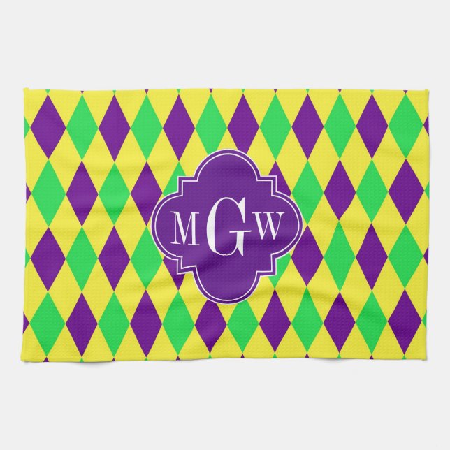 Linge De Cuisine Purple Yellow Green Harlequin Purp Quat 3 Monogram (Horizontal)