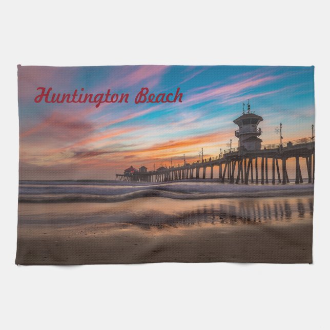 Linge De Cuisine Quai Huntington Beach Pier au coucher du soleil (Horizontal)
