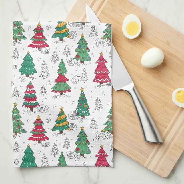 Linge De Cuisine Quirky Whimsical Decorated Christmas Trees Doodles (Quart Plié)