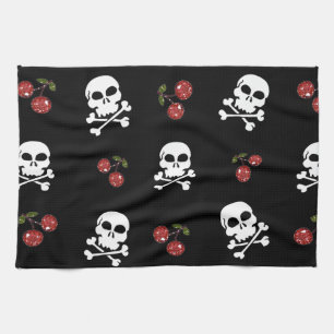 Linge De Cuisine RAB Rockabilly Skuls et Cerises sur Noir