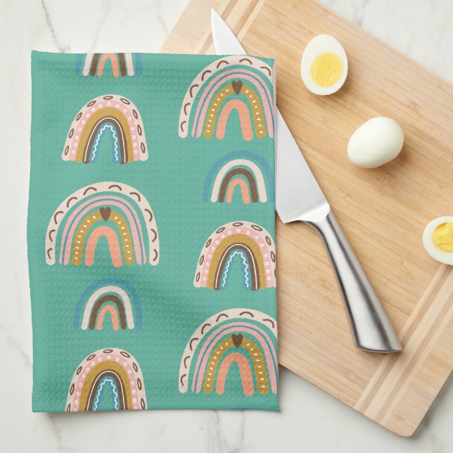 Linge De Cuisine Rainbows dessiné à la main style doodé Boho Scandi (Quart Plié)